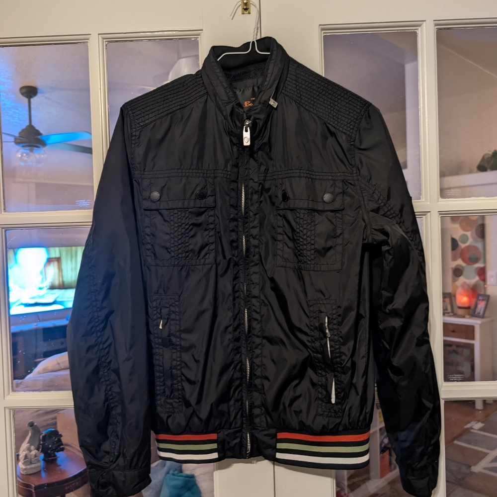 Ben Sherman Black Bomber / Track Jacket with Striped Hem and Optional Hood